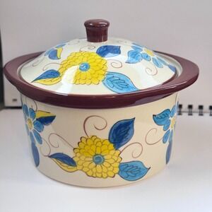 Temp-Tations Yellow &‎ Blue Floral 1 Qt Casserole Presentable Ovenware Crock
